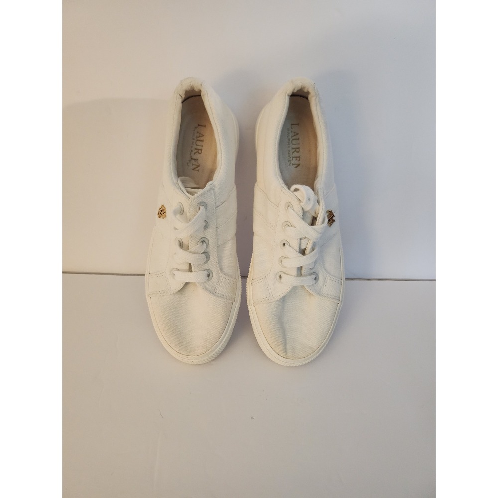 Lauren Ralph Lauren Janson II White Canvas Low Top Sneakers Gold Logo 6.5B